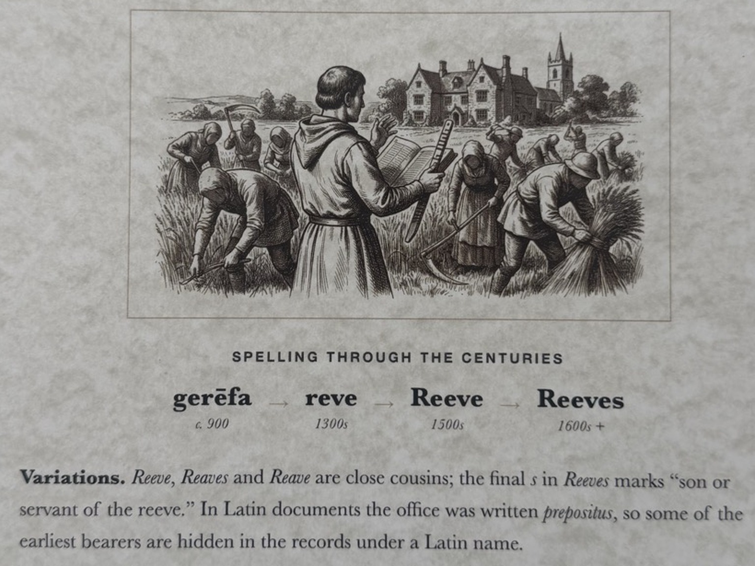 The meaning page of a Surname History Pack, showing how the name Reeves was spelled through the centuries