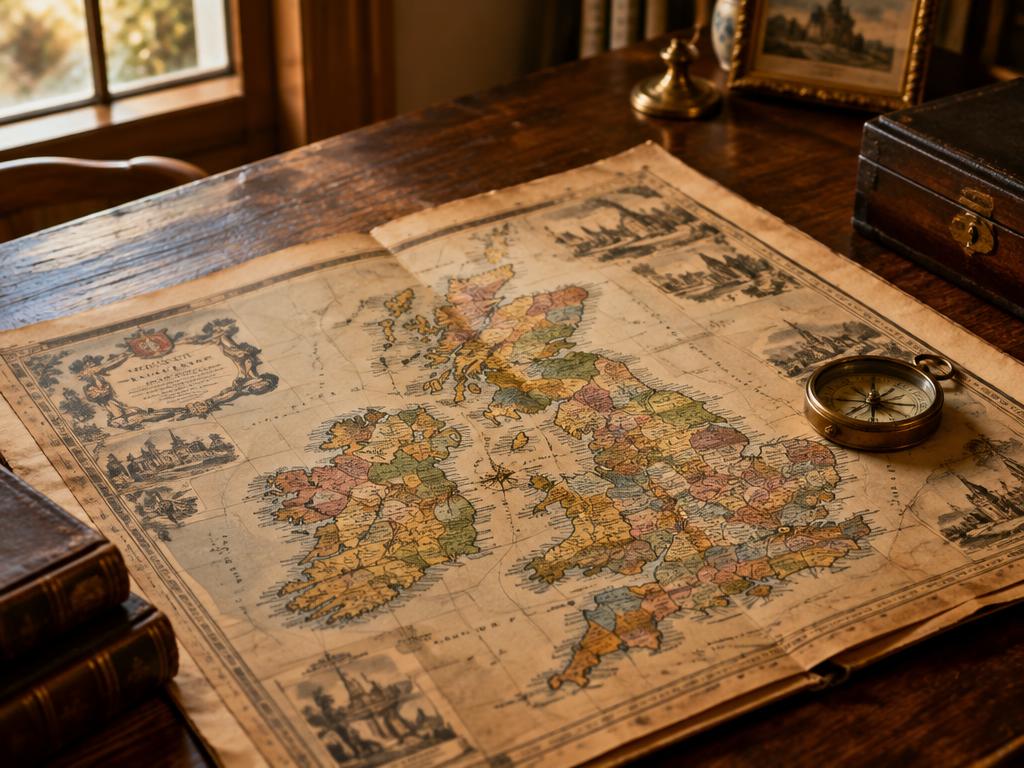 An antique county map of the British Isles on an oak table with a brass compass — an illustration of tracing where surnames began